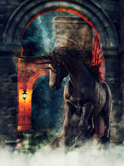Fantasy scene with a black unicorn standing in ancient ruins at night. 