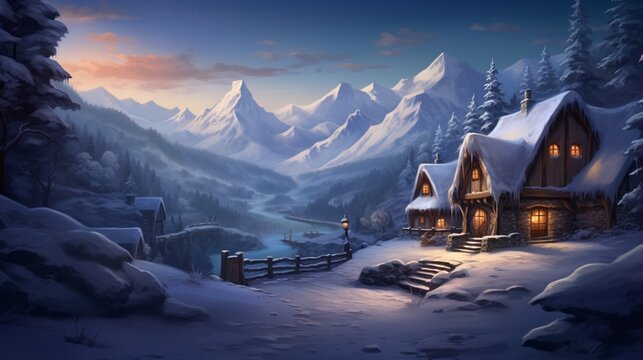 A winter scene with a cozy cottage nestled among snow-covered hills