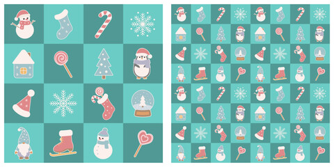 Seamless pattern with christmas elements on checkered background