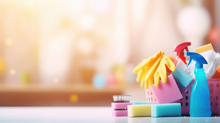 Cleaning concept background with rubber gloves, sponges and mop. Copyspace