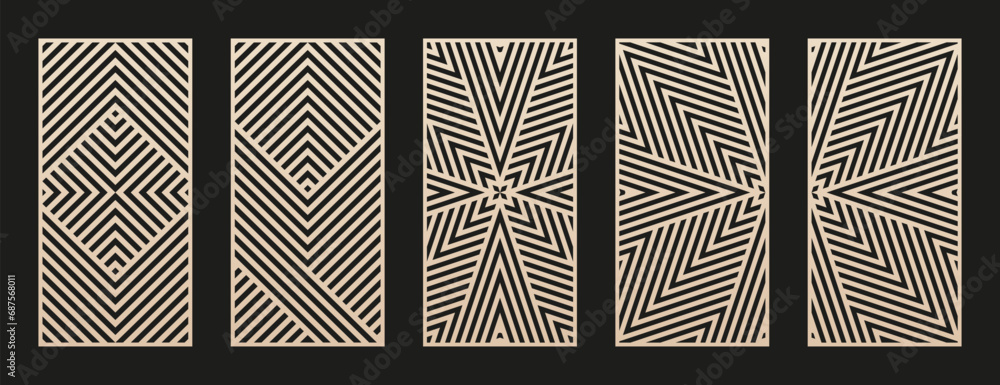 Poster Decorative stencil for laser, CNC cut. Set of vector abstract geometric patterns with lines, stripes, lattice, linear grid. Modern template for cutting of wood, metal, plastic, paper. Aspect ratio 1:2