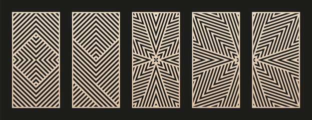 Decorative stencil for laser, CNC cut. Set of vector abstract geometric patterns with lines, stripes, lattice, linear grid. Modern template for cutting of wood, metal, plastic, paper. Aspect ratio 1:2