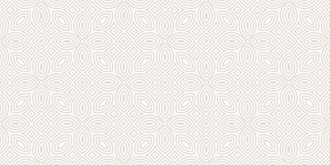 Subtle vector geometric seamless pattern. Abstract minimal linear ornament texture with curved shapes, lines, flower silhouettes, leaves. Minimalist white and beige background. Elegant repeat design