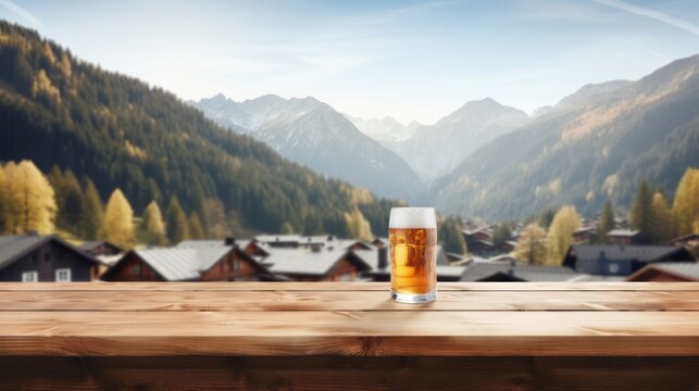 Generative AI image of an Empty wooden table top with Scandinavian alpine village background