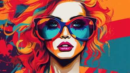 Colorful Pop Art Portrait of Woman with Sunglasses