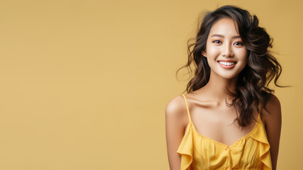 Asian woman model wear a yellow sundress isolated on pastel background