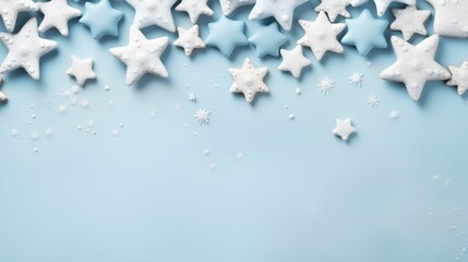 Snowflake, star, cookies shapes on soft blue background. copy space, banner. generative AI
