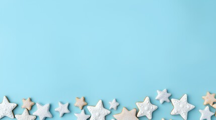 Snowflake, star, cookies shapes on soft blue background. copy space, banner. generative AI