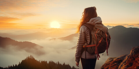 Panorama anonymous female traveler with backpack, amazing landscape with mountains and sunset sky, atmosphere is good with fog