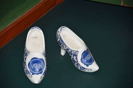 Enkhuizen, Netherlands. October 2023. Designer wooden shoes.
