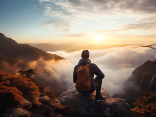 Anonymous male traveler with backpack sitting for saw amazing landscape with mountains and sunset sky, atmosphere is good with fog