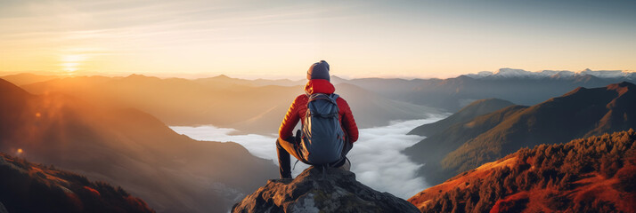 Panorama anonymous male traveler with backpack sitting on top of mountain, amazing landscape with mountains and sunset sky, atmosphere is good with fog