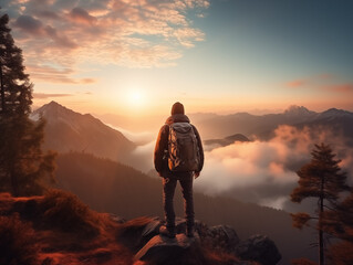 Anonymous young man traveler with backpack, amazing landscape with mountains and sunset sky, atmosphere is good with fog