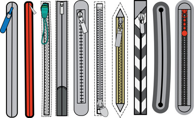 Zip fastener with Zipper puller flat sketch vector illustrator. Set of water proof invisible Zip pocket types for Shorts, Pants, dress garments, bags, jackets Clothing and Accessories © Fathima Flats