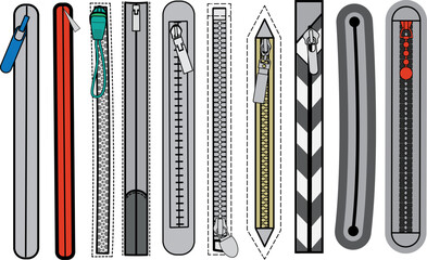 Zip fastener with Zipper puller flat sketch vector illustrator. Set of water proof invisible Zip pocket types for Shorts, Pants, dress garments, bags, jackets Clothing and Accessories