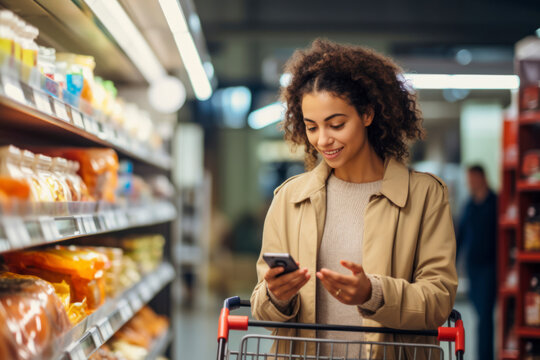 Portrait Of Millennial Lady Holding And Using Smartphone Buying Food Groceries Walking In Supermarket With Trolley Cart.
