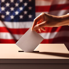 American themed ballot box with hand holding voting card