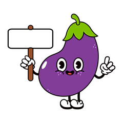 Eggplant with an inscription character. Vector hand drawn traditional cartoon vintage, retro, kawaii character illustration icon. Isolated white background. Eggplant character