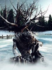Winter scene with a fantasy tree creature with snowy branches, sitting on the snow - 687570881