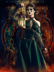 Fantasy steampunk scene with a masked woman holding a lamp, standing in front of a vintage clock. The woman is a 3d object mixed with hand-painting, not a real person. - 687571079