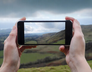 Hands holding phone towards nature landscape