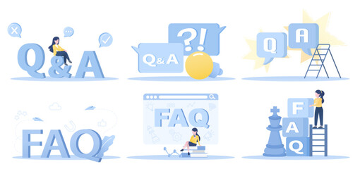 FAQ, Question and answer collection set. The QA and FAQ symbols represent questions, answers, frequently asked questions, problem solving, surveys. Flat vector design illustration.