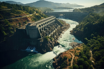 Hydroelectric power station, aerial view. Using energy from renewable sources to preserve the environment