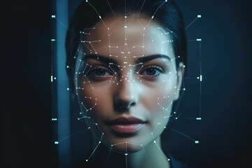 Front view portrait of attractive beautiful woman with scanning grid on her face against abstract background. Digital system for face id. Concept of security and facial recognition - obrazy, fototapety, plakaty