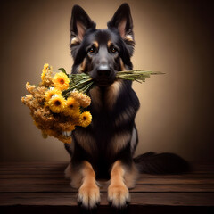 Alsatian German Shepherd dog holding flowers in mouth