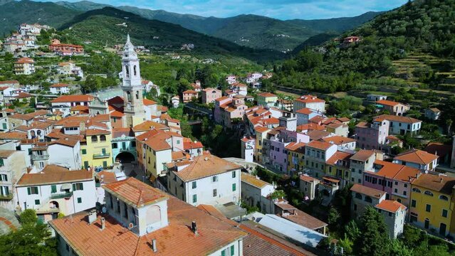 Aerial view of the village of Dolcedo in the province of Imperia, Liguria, Italy