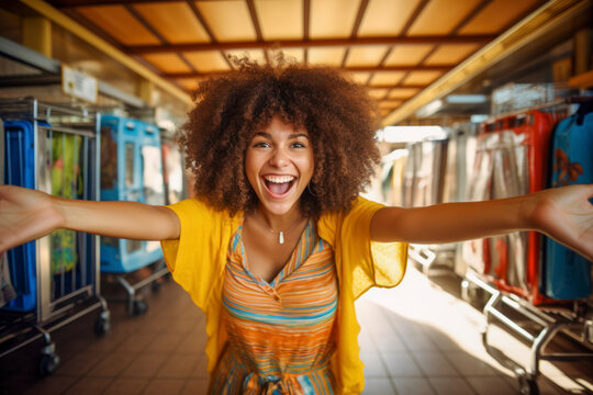 A young African woman in yellow spread her arms joyfully. The concept of a joyful meeting.
