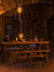 Wooden table and benches in a fantasy medieval tavern, with food and drink