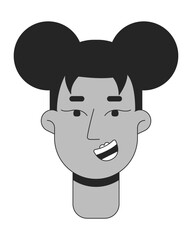 Two space buns woman african american black and white 2D vector avatar illustration. Black female young adult outline cartoon character face isolated. Toothy beaming girl flat user profile image