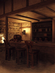Fantasy counter in a medieval tavern with wooden barrels and chairs