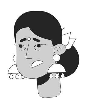 Sick adult woman with indian jewellery black and white 2D vector avatar illustration. Hindu traditional female feeling tired outline cartoon character face isolated. Influenza flat user profile image