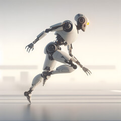 Humanoid robot running in empty abstract space - obrazy, fototapety, plakaty
