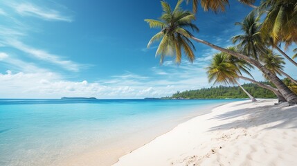 Fototapeta na wymiar A sandy beach with palm trees and turquoise waters, evoking a perfect summer day