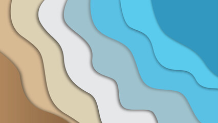 Abstract blue sea and beach summer background with paper waves and seacoast for banner, invitation, poster or web site design. Paper cut style, 3d effect imitation, space for text, vector illustration