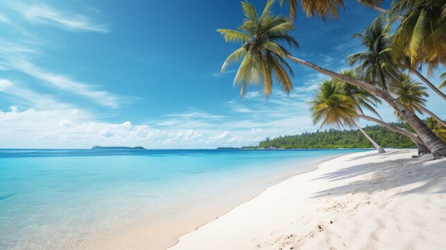 A sandy beach with palm trees and turquoise waters, evoking a perfect summer day