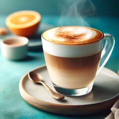 Steaming hot cappuccino in clear glass