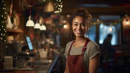 Cheerful, smiling, young, brown-haired girl working as a waitress and wearing a red dungaree in a festive café during the Christmas season - obrazy, fototapety, plakaty