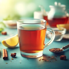 Steaming hot tea in a clear glass with loose leaves and soft bokeh lights on a serene blue background.
