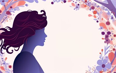 International womens day banner. Feminist graphic poster with a female profile and floral frame. Unite for women concept. Purple silhouette, copy space. AI Generative