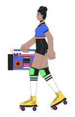 Roller skating with boombox line cartoon flat illustration. Black female 80s hip hop 2D lineart character isolated on white background. Eighties vintage. Nostalgia fashion scene vector color image