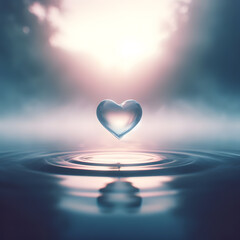 Glass crystal shaped heart floating above rippling water - obrazy, fototapety, plakaty