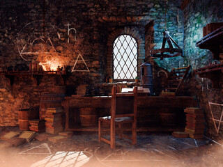 Fantasy medieval alchemist's chamber, with a table and chair, books, alchemical symbols and papers.