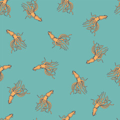 Obraz premium Marine squid fish seamless pattern in retro style