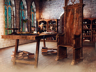 Fantasy room with a wooden table and chair in a medieval style, with bookshelves and alchemical equipment. 