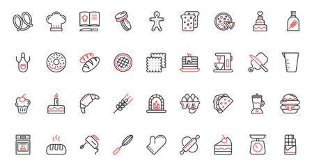 Red black thin line icons set sweet food collection with kitchen equipment to cook dessert and bake bread, sugar pictogram menu for restaurant cafe. Bakery, confectionery vector illustration