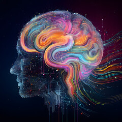 Abstract digital brain with colorful swirls representing creativity and artificial intelligence on a dark background with circuit lines. - obrazy, fototapety, plakaty